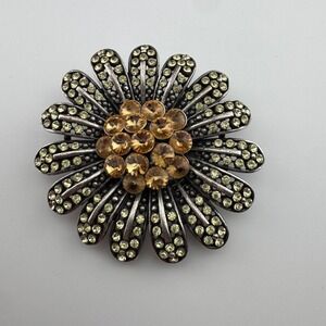Vintage Style Silver Tone Amber Yellow Rhinestone Flower Brooch Large Daisy 2.5"